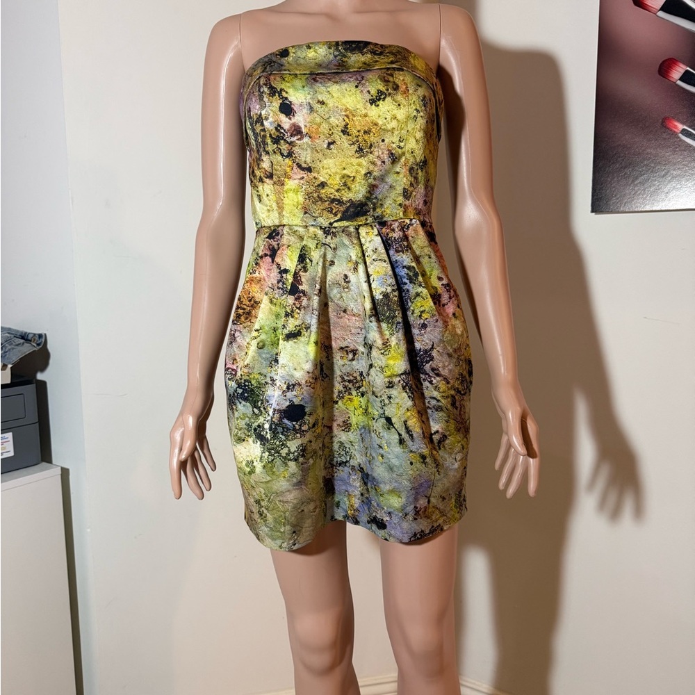Mcginn Knightsbridge Olive Watercolor Pleated Strapless Mini Cocktail Dress